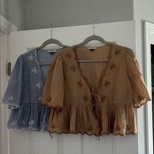 American Eagle Outfitters Blue and Tan Embroidered Blouses